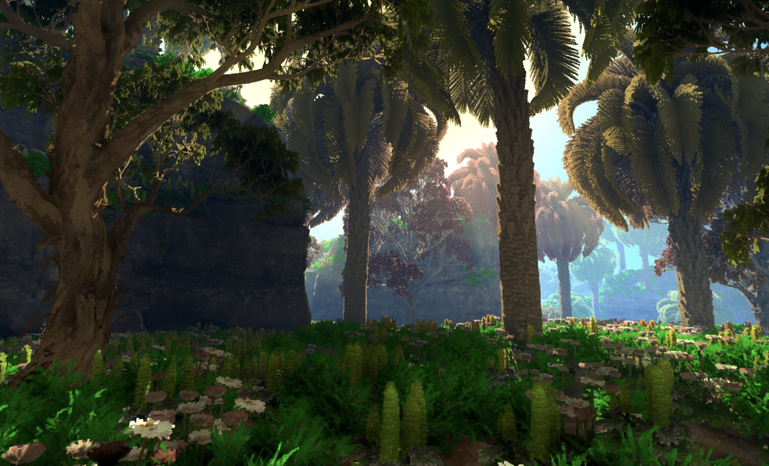 jungle scene in john lin's voxel engine (a screenshot)