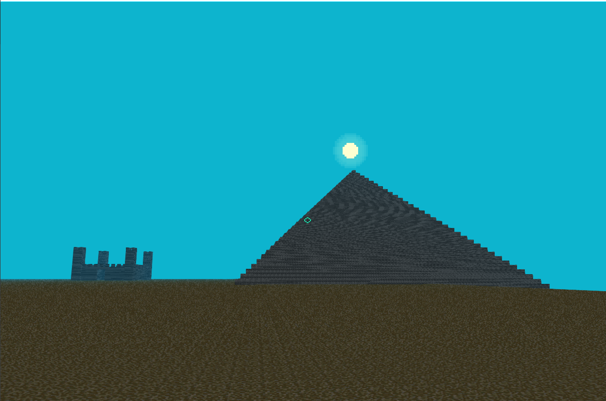 pyramid and a castle, with a dynamic sun, a voxel engine screenshot